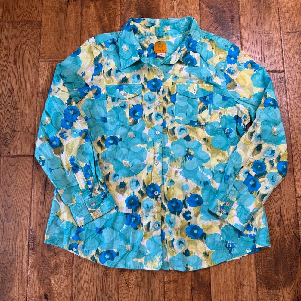 Ruby Rd Shirt Blue Green Floral Eyelet Button Up Top Long Sleeve Womens Sz 18